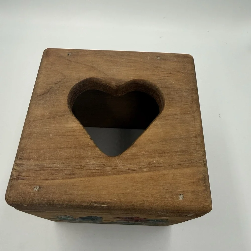 Vintage Hand Painted Wooden Heart Tissue Box Cover Birdhouse Folk Art 6x6